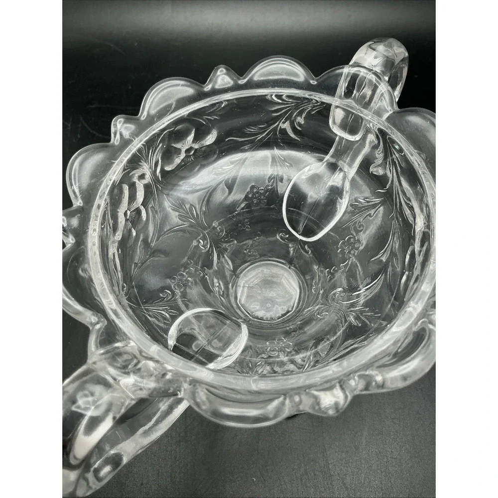 Vintage EAPG Glass Open‎ Sugar Bowl, Scalloped Edge, Etched Flower